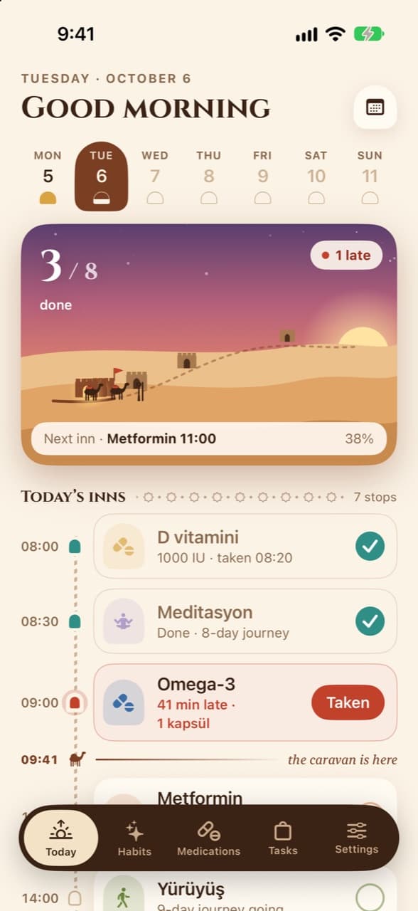 Dawnia Today screen with the day's inns on a caravan road