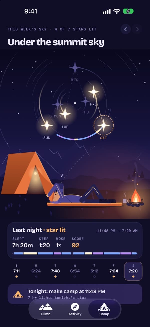Onelior Camp screen with the week of sleep as stars